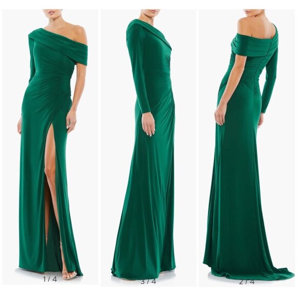 NWT Mac Duggal Ieena RUCHED JERSEY DROP One SHOULDER FOLDOVER Long Fitted Gown - Picture 2 of 7